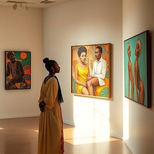 Foto di un artista africano che espone le sue opere in una galleria d'arte a Lagos, Nigeria