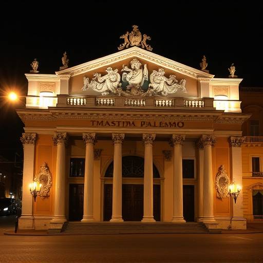 Immagine del Teatro Massimo di Palermo illuminato di notte.