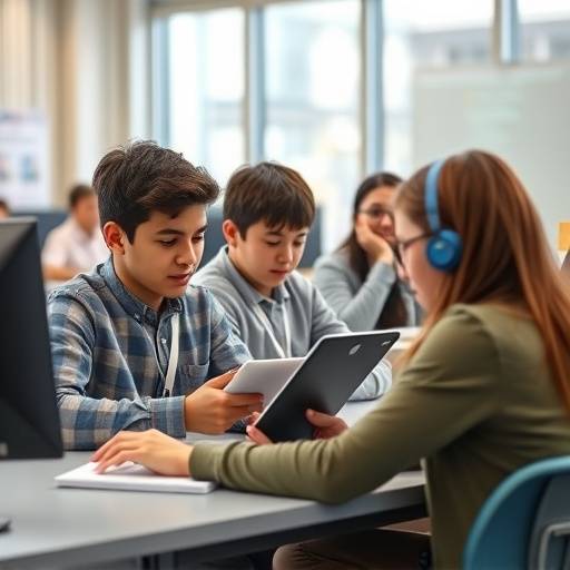 Immagine di studenti in una classe utilizzando computer e tablet.