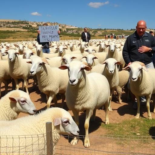 Immagine di un gregge di pecore in Sardegna con un pastore che manifesta.